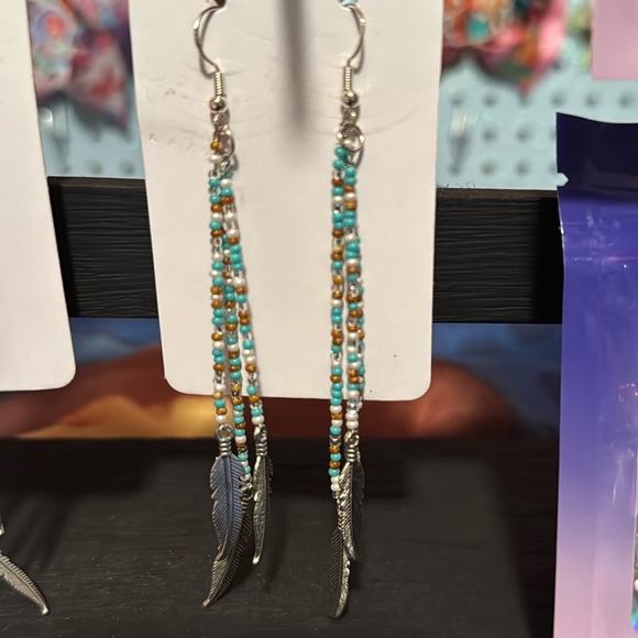 Beaded Feather Earrings - Pink and Turquoise - Picture 2 of 5